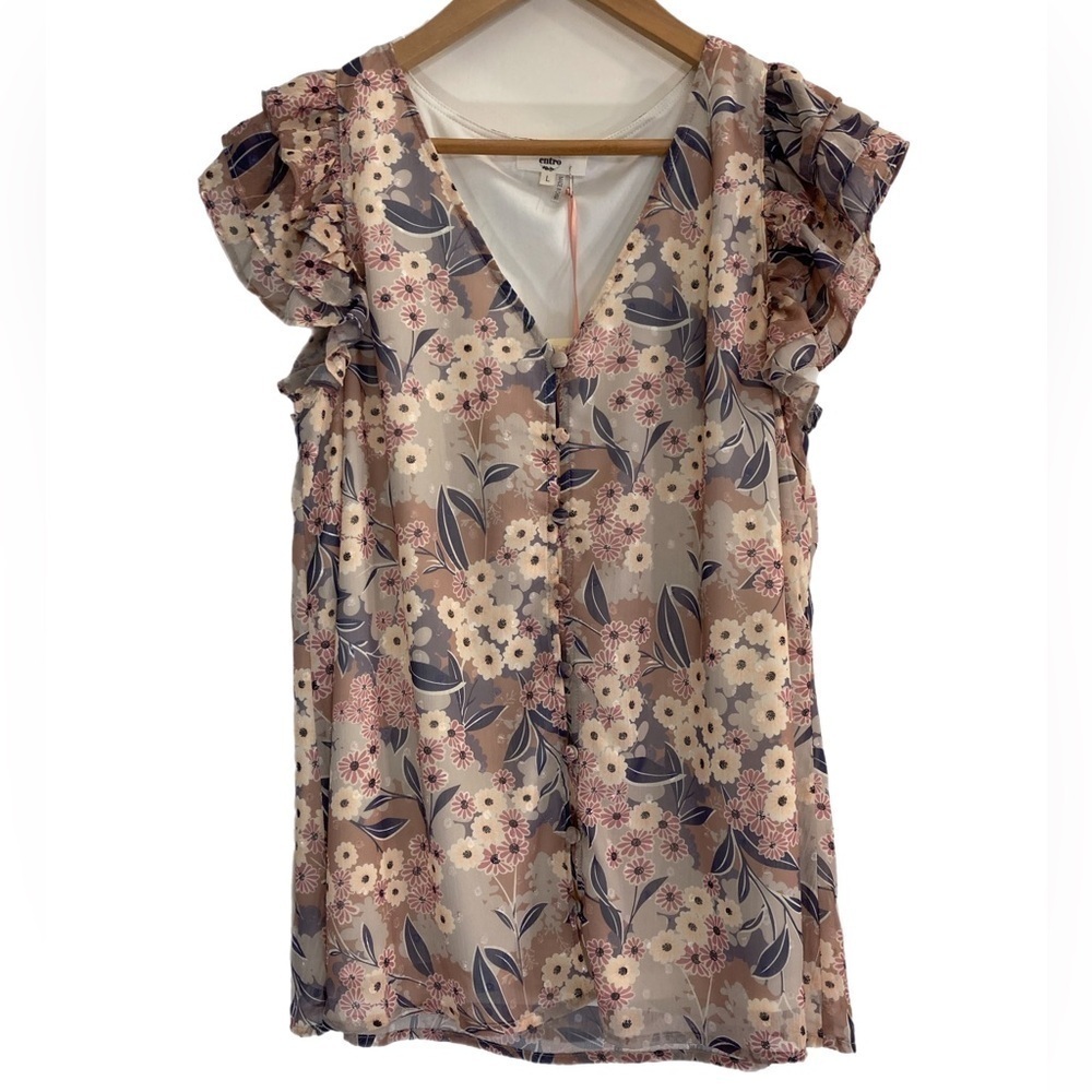 Entro NWT flutter sleeve button up v-neck floral blouse - Picture 2 of 5